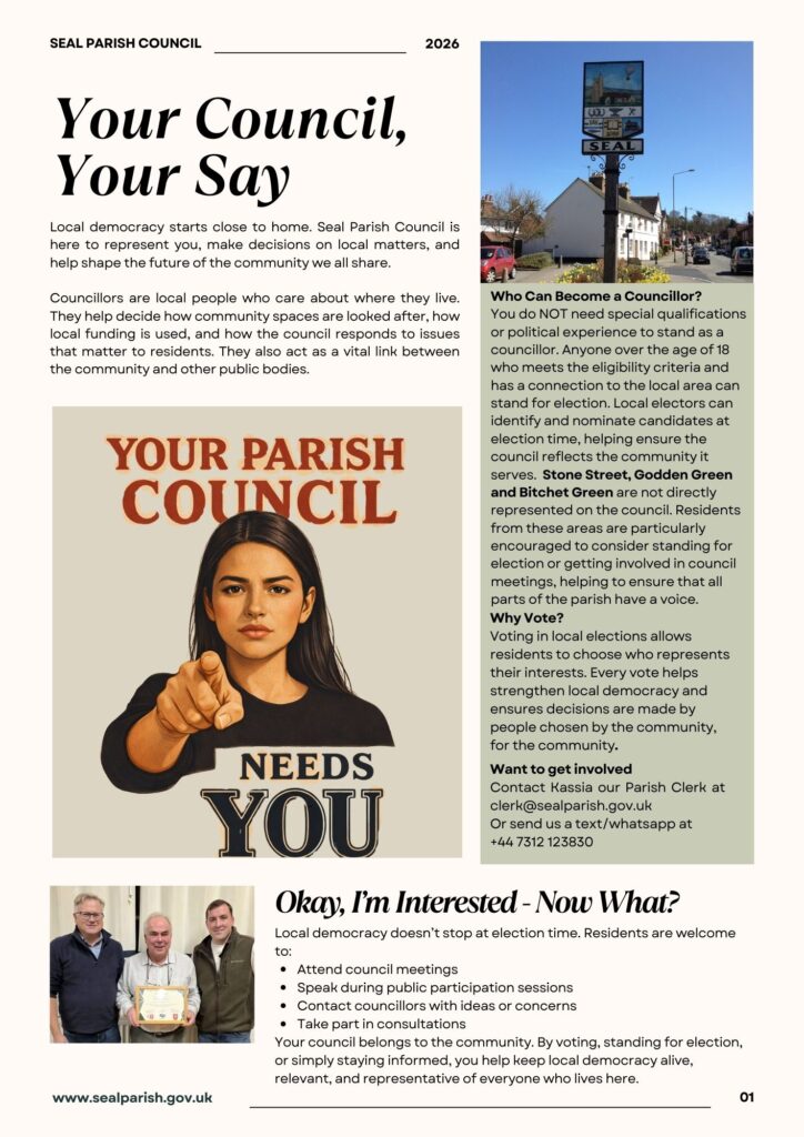 Your Parish Council needs you poster. See text on the Becoming a councillor page for full text